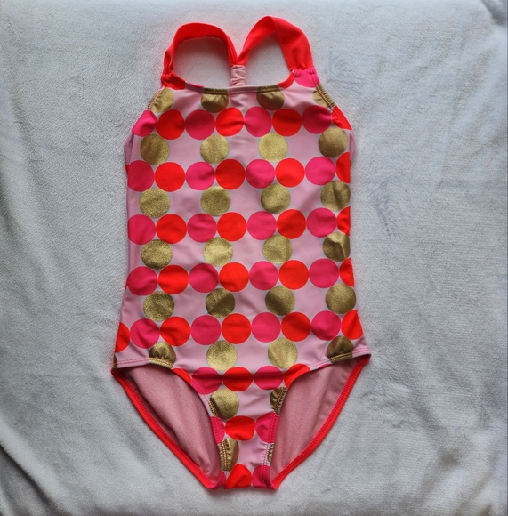 NWOT Pink and Gold Polka Dot Kids Swimsuit - Picture 1 of 5
